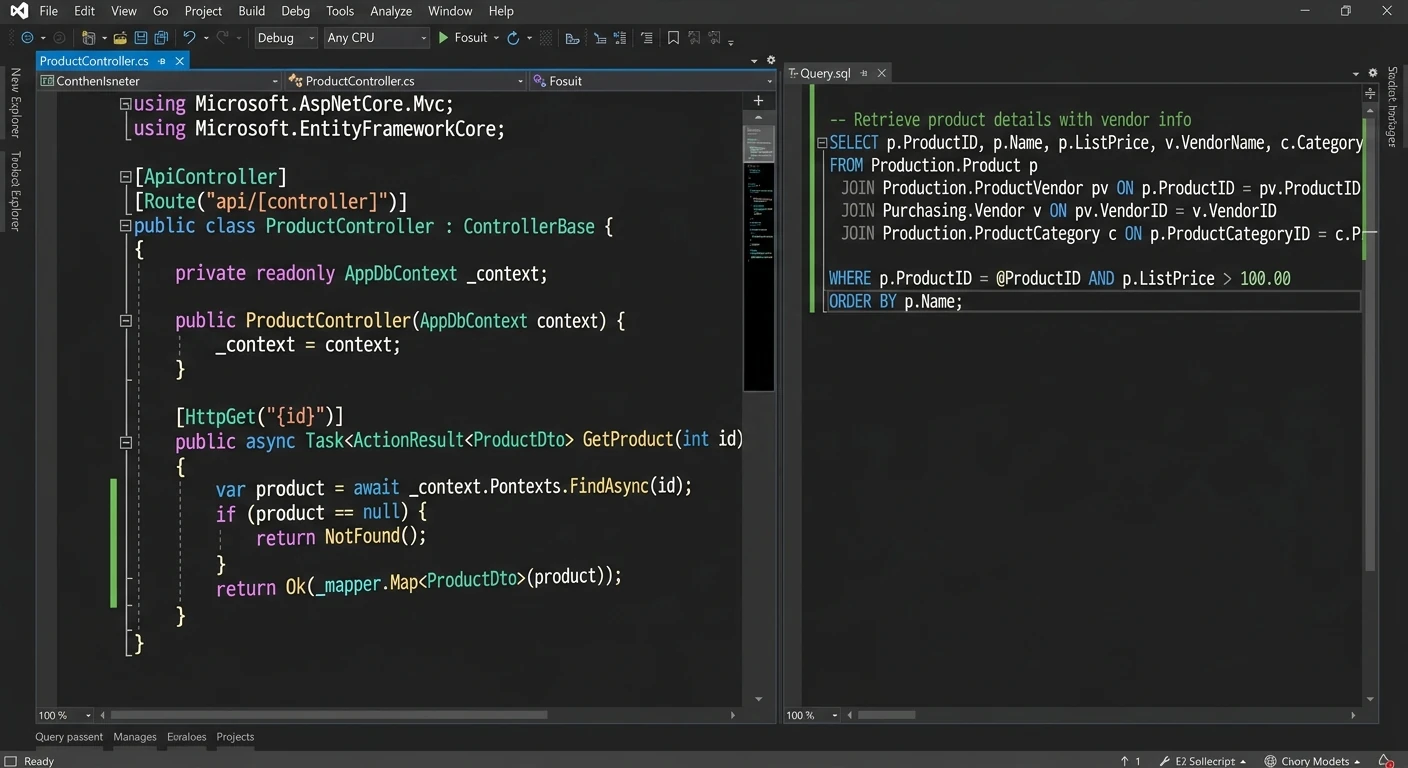 A code editor showing an API controller and a SQL query